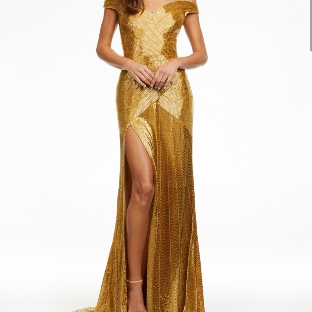 ASHELY LAUREN 11157 prom pageant gold liquid beaded evening gown